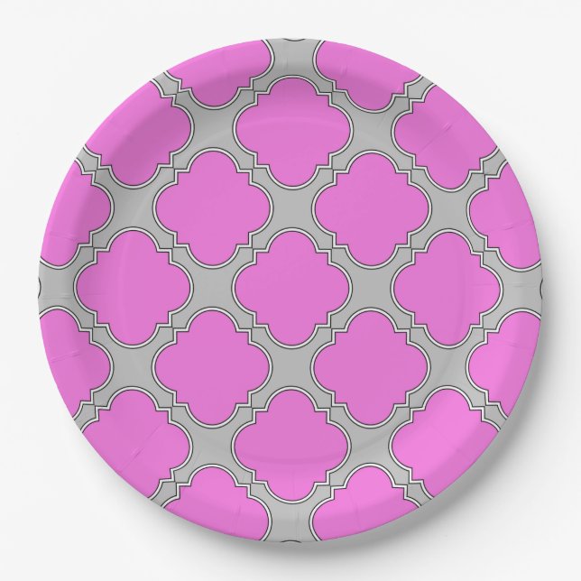 Prato De Papel Cor-de-rosa-quatrefoil e cinzas (Frente)