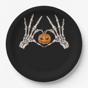 Prato De Papel Coração Da Mão E Pumpkin Engraçado Hallow