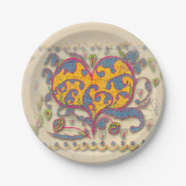 Prato De Papel Coração de Arte Folclórica com folhas e flores Jan