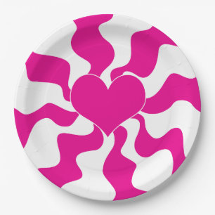 Prato De Papel Coração do Amor em Magenta e Branco