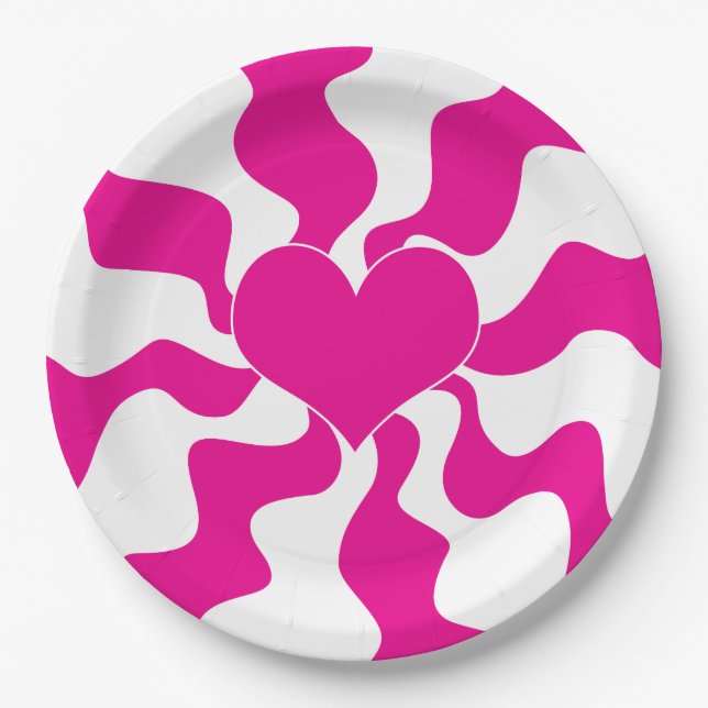 Prato De Papel Coração do Amor em Magenta e Branco (Frente)