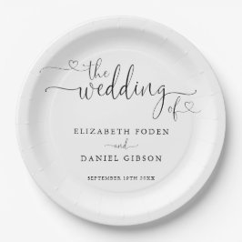 Prato De Papel Coração Preto e Branco Script Casamento