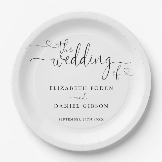 Prato De Papel Coração Preto e Branco Script Casamento (Frente)