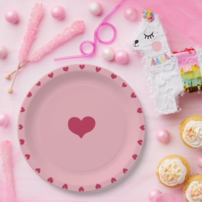 Prato De Papel Corações Brancos Vermelhos Brancos em Rosa Suave (Festa)