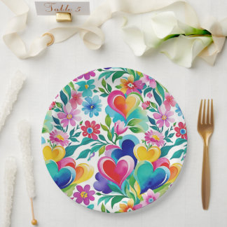Prato De Papel Corações Brilhantes E Flores