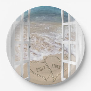 Prato De Papel Corações de casamento da praia do oceano na jane