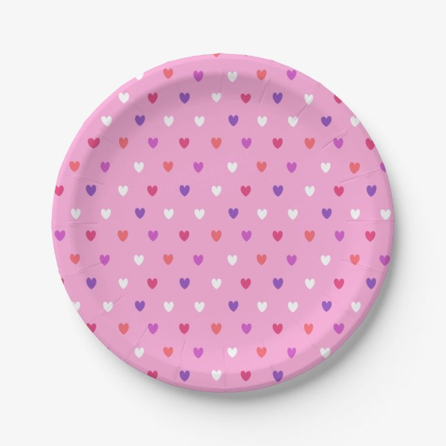 Prato De Papel Corações de polca a rosa (Frente)