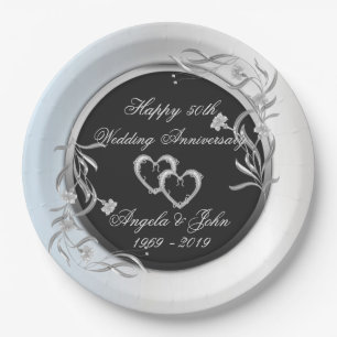 Prato De Papel Corações de Prata,Floral Aniversário de Casamento