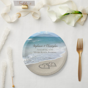 Prato De Papel Corações do casamento de praia na areia elegante