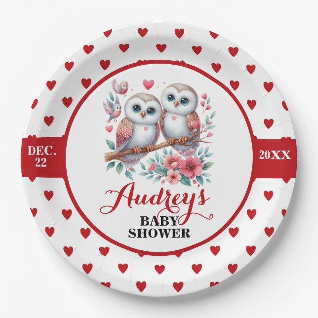 Prato De Papel Corações e Corujas Vermelhos (Frente)