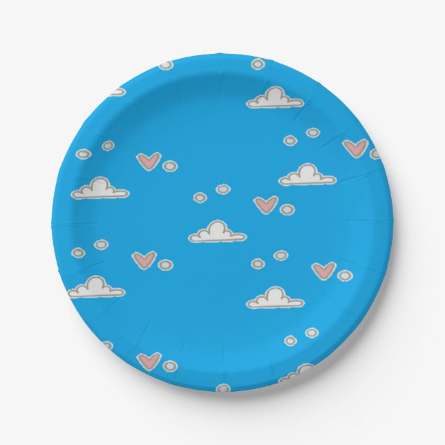 Prato De Papel Corações e nuvens em azul (Frente)