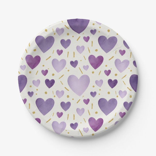 Prato De Papel Corações em Aquarela & Purpurina Dourada Caprichos (Frente)