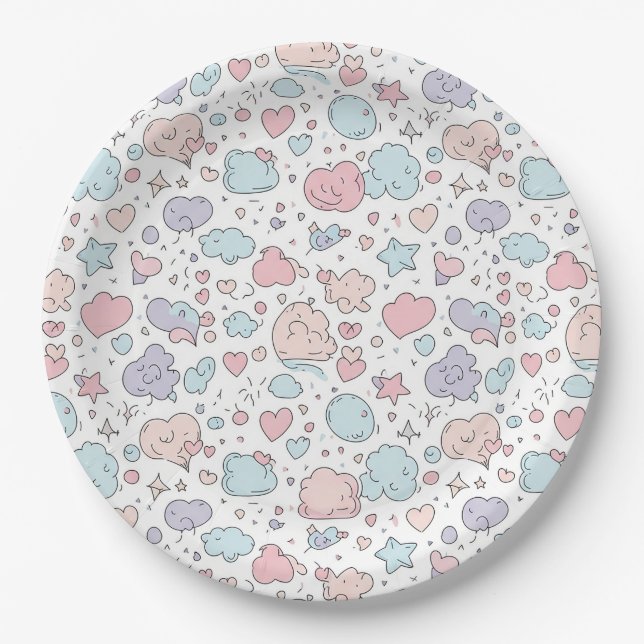 Prato De Papel Corações Pastéis e Nuvens Sonho de Aquarela (5) (Frente)
