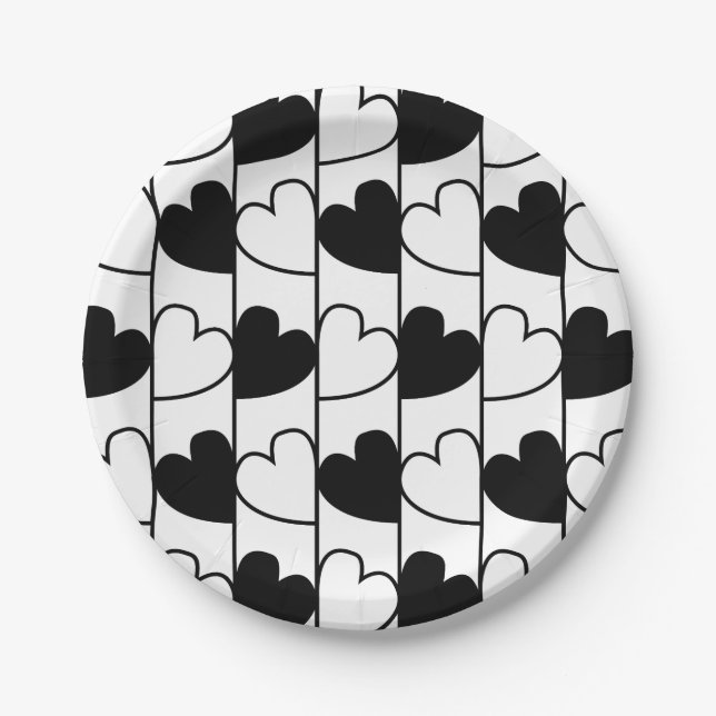 Prato De Papel Corações Pretos e Brancos (Frente)