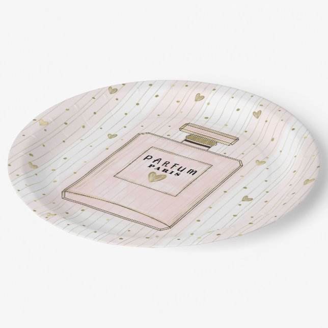 Prato De Papel Corações Rosa e Dourado Paris Perfume Moda Chic (Inclinado)