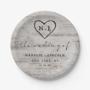 Prato De Papel Corações Talhados Noivas Bétula Rústica Monograma 