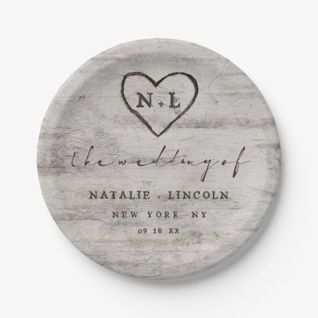 Prato De Papel Corações Talhados Noivas Bétula Rústica Monograma  (Frente)