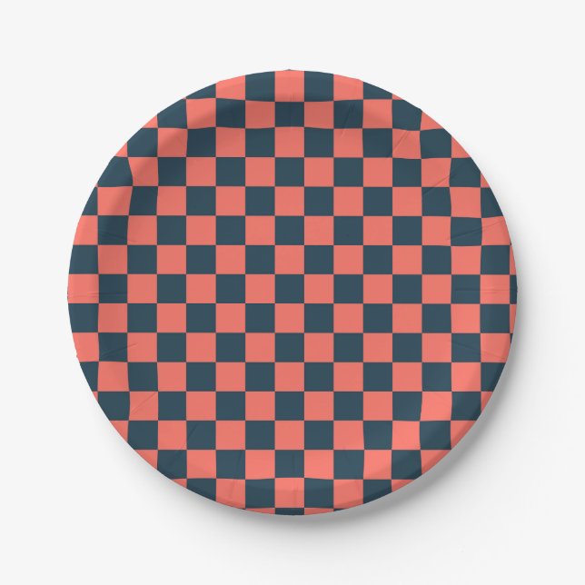 Prato De Papel Coral and navy checkerboard pattern (Frente)