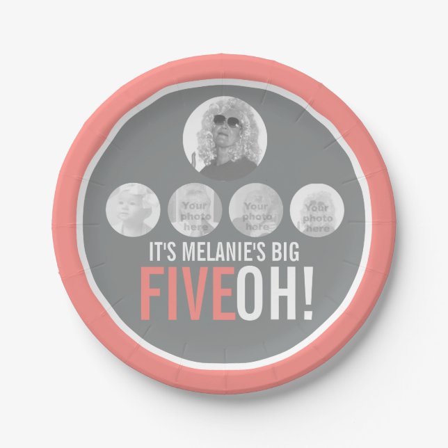 Prato De Papel Coral cinza 50º FIVEOH! 5 fotos de aniversário (Frente)