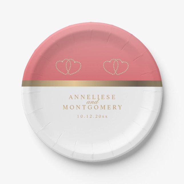 Prato De Papel Coral e Branco com Corações Dourados (Frente)