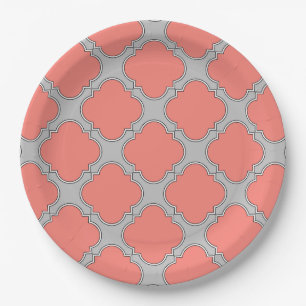 Prato De Papel Coral e cinza de Quatrefoil