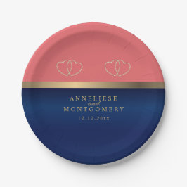 Prato De Papel Coral e Marinho Azul com Corações Dourados