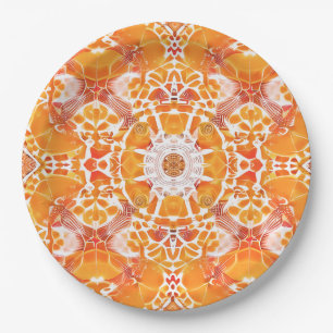 Prato De Papel Coral Orange e Cream Batik Medallion Padrão