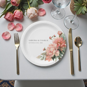Prato De Papel Coral Peônia Rosa Bege Elegante Feminino Casamento