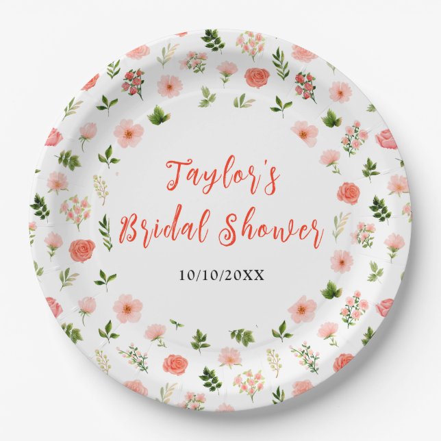 Prato De Papel Coral Pink Red Roses Floral Bridal Shower (Frente)