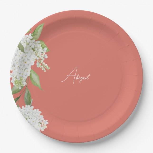 Prato De Papel Coral White Floral Script Name Bridal Shower (Frente)