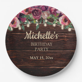 Prato De Papel Corda Rústica Floral Púrpura Leve Aniversário