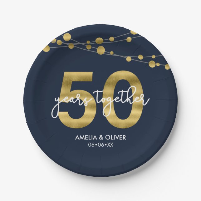 Prato De Papel Cordas Elegantes Azuis das Luzes 50º Aniversário (Frente)