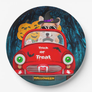 Prato De Papel Corgi Cão Dirigindo Carro Assustador Halloween