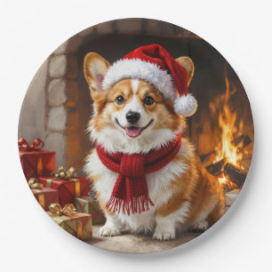 Prato De Papel Corgi de Natal ao lado da Lareira