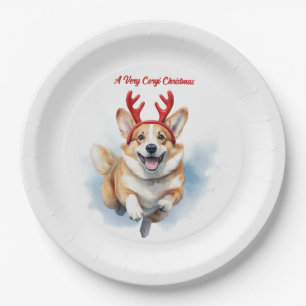 Prato De Papel Corgi de Natal com galhadas de Reindeer saltando