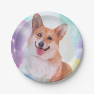 Prato De Papel Corgi de sorriso de Galês do Pembroke com balões
