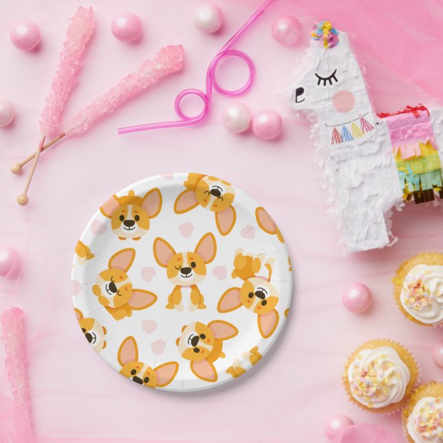 Prato De Papel Corgi Fofo com Corações de Aniversário (Festa)