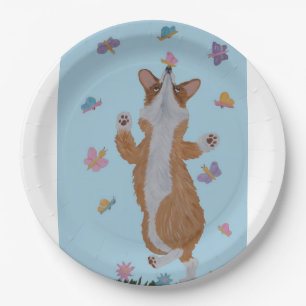 Prato De Papel Corgi Galês Dançando com Borboletas