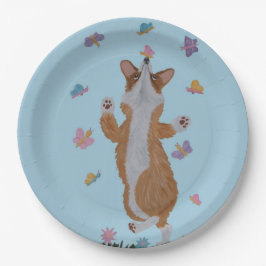 Prato De Papel Corgi Galês Dançando com Borboletas
