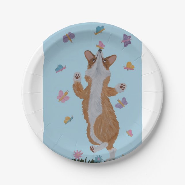 Prato De Papel Corgi Galês Dançando com Borboletas (Frente)