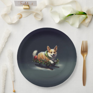 Prato De Papel Corgi Natal Inverno de Neve