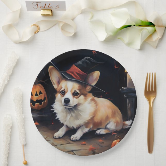 Prato De Papel Corgi Pumpkins Halloween Scary (Casamento)