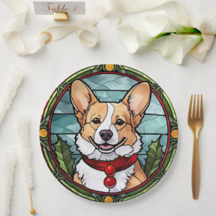 Prato De Papel Corgi StainGlass Christmas