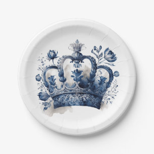 Prato De Papel Coroa azul e branca do estilo Delft com flores