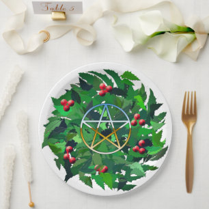Prato De Papel Coroa de Azevinho de Yule e Pentáculo