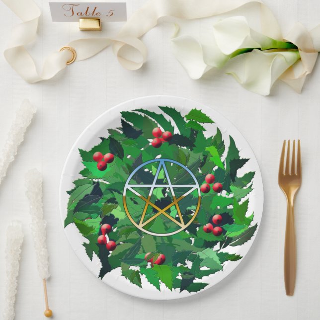 Prato De Papel Coroa de Azevinho de Yule e Pentáculo (Casamento)