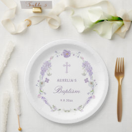 Prato De Papel Coroa de Batismo Lilás Lavanda Floral