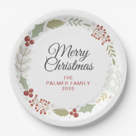 Prato De Papel Coroa de Natal Floral Elegante Nome Personalizado 