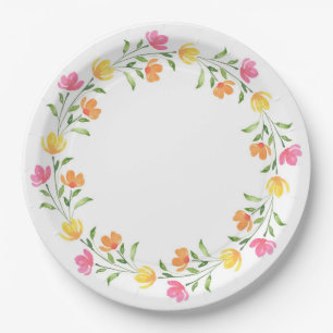 Prato De Papel Coroa Floral Aquarela Amarela, Laranja, Rosa