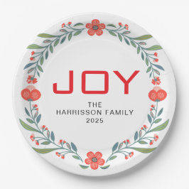 Prato De Papel Coroa Floral de Natal Joy Família Nome Personaliza
